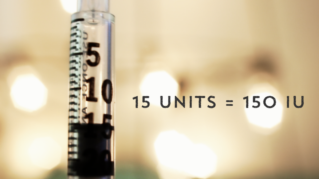 15 units is 150 iu of hCG when hCG is mixed 5,000 iu hCG with 5 ml bacteriostatic water - hcgchica.com