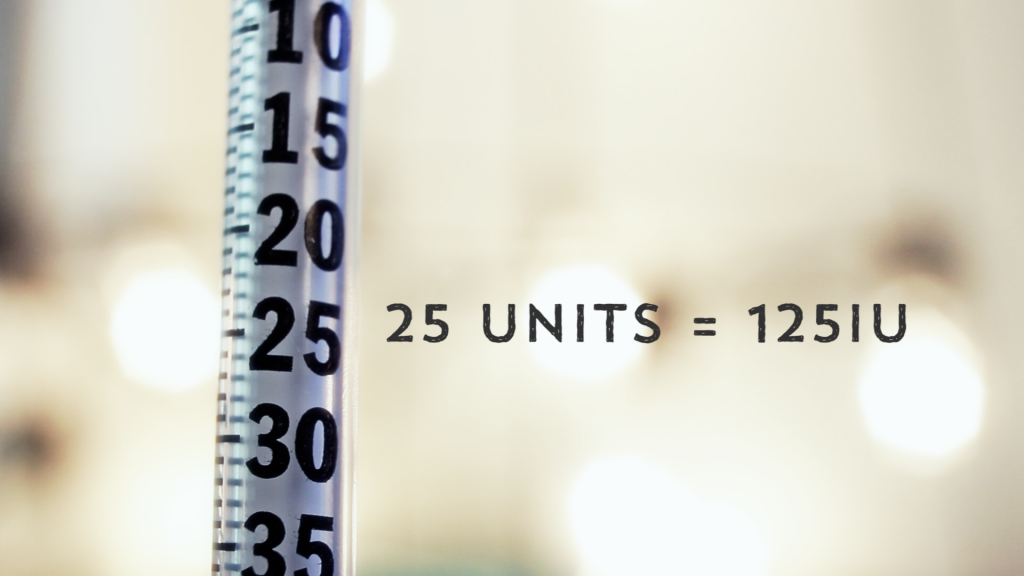25 units is 125 iu when mixed 5000iu hcg with 10 ml bacteriostatic water - hcgchica.com